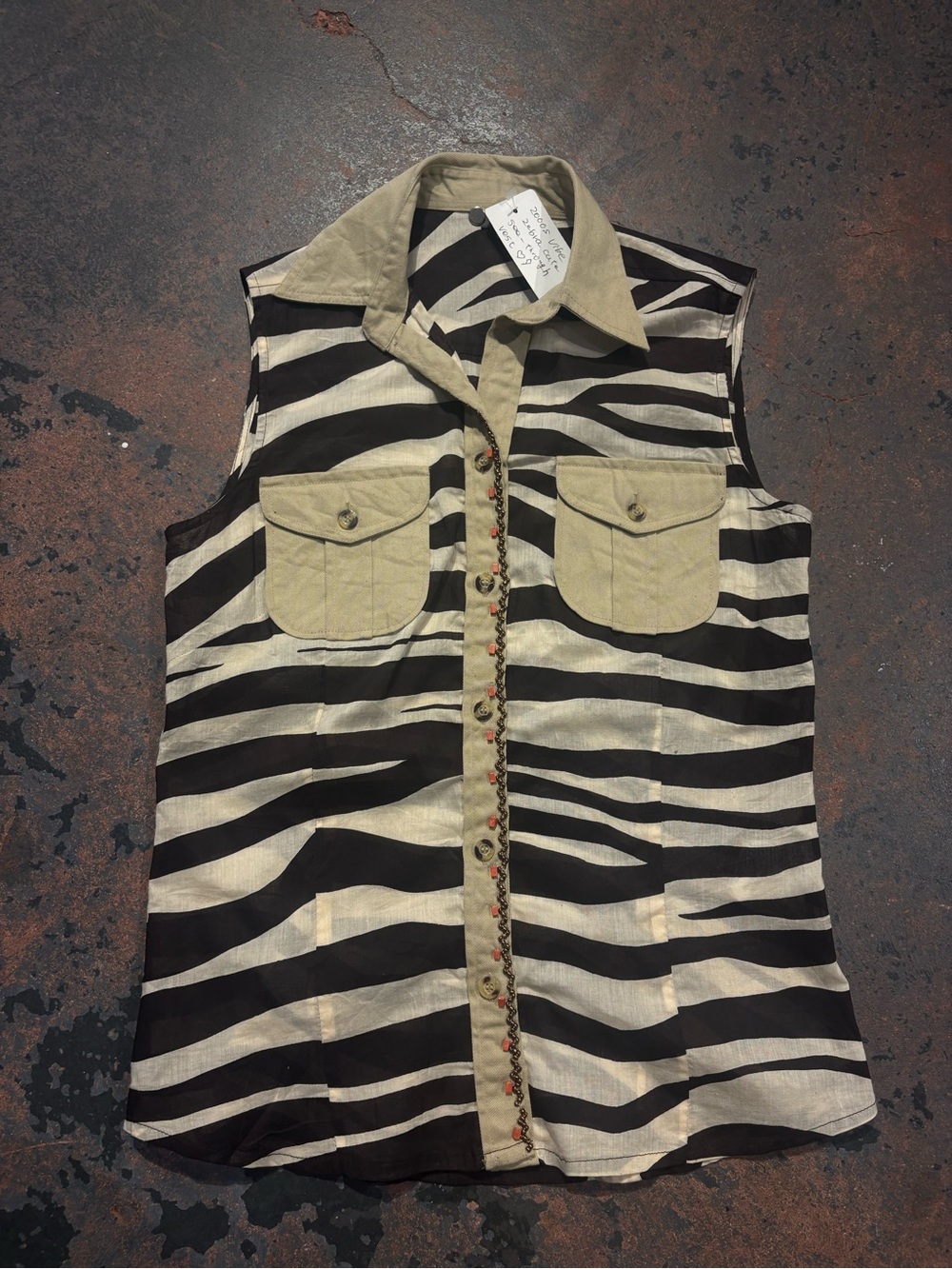 Sleeveless Zebra-Stripe Button Front Shirt - Beige/Black